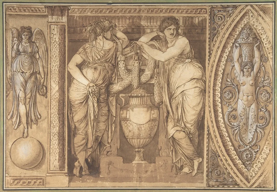 Design For A Frieze With Two Women Flanking An Urn by Giuseppe Cades - Canvas Print