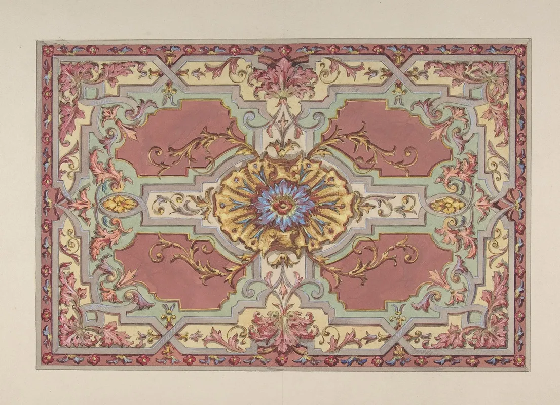 Design For A Painted Ceiling With Strapwork And Foliage On A Rose Background