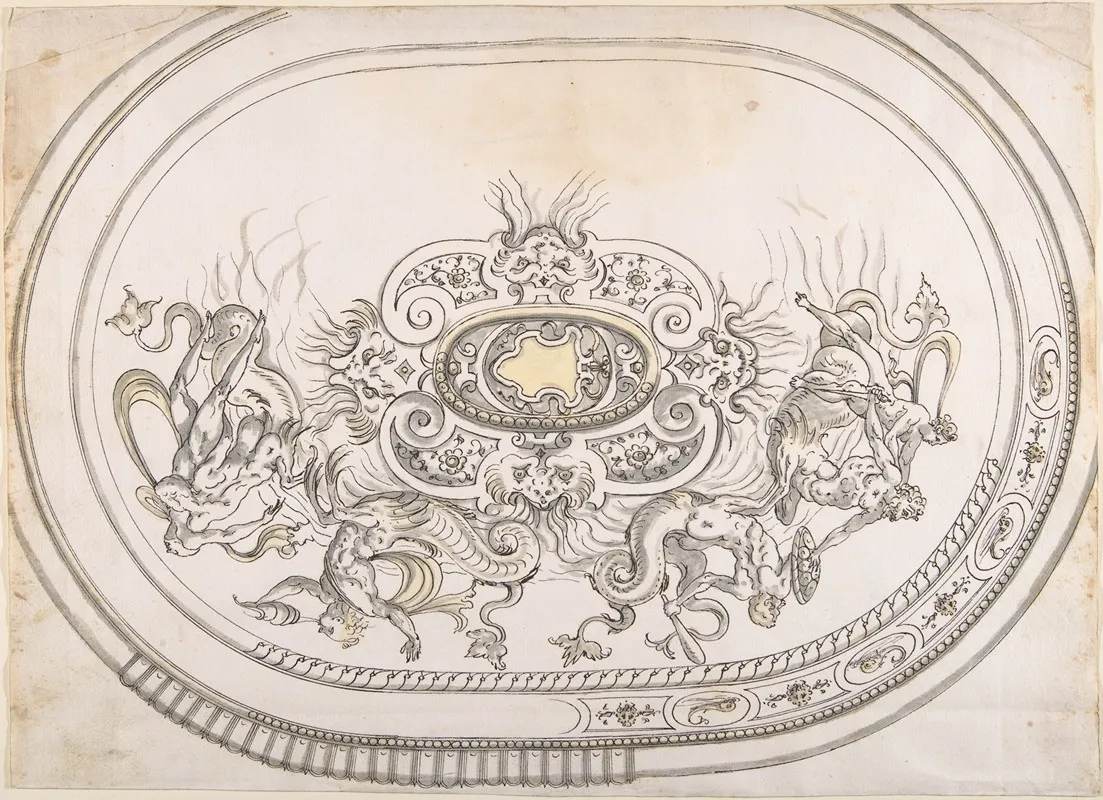 Design For A Platter With Battling Tritons And Sea Nymphs by Erasmus Hornick - Canvas Print