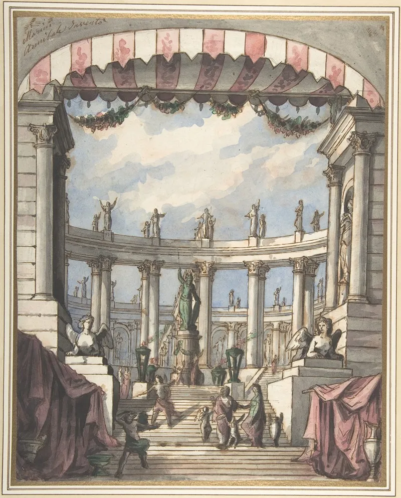 Design For A Stage Set A Classical Courtyard And Colonnade With A Statue Of Minerva by Leonardo Marini - Canvas Print