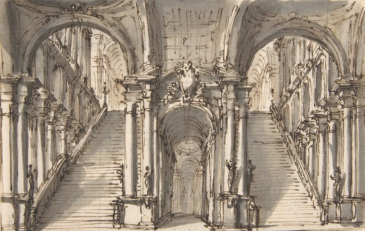 Design For A Stage Set Double Stairway Pierced By An Arcade by Giovanni Battista Natali III - Canvas Print