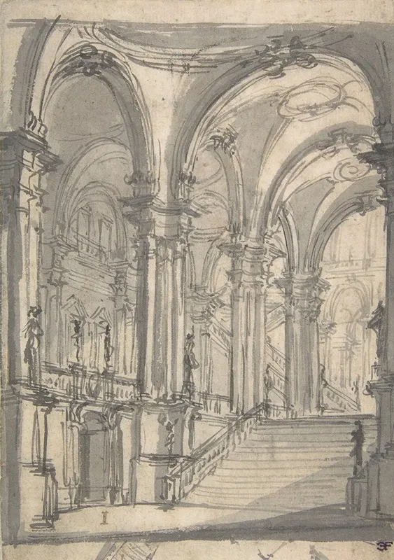 Design For A Stage Sets Groin Vaulted Stairway Leading To A Gallery With Another Stairway To A Second Story At Left by Giovanni Battista Natali III - Canvas Print