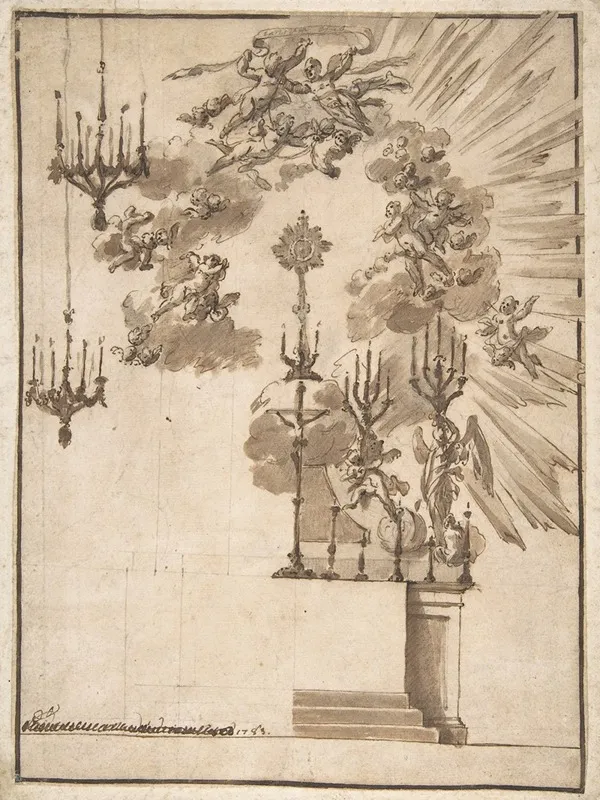 Design For An Altar For Easter Week Celebrations Decorated With Putti And Chandeliers