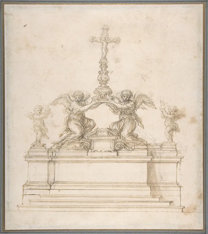 Design For An Altar With Kneeling Angels Supporting A Crucifix