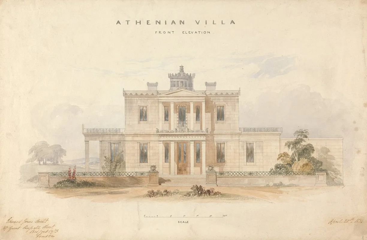 Design For An Athenian Villa Front Elevation by Edward Jones - Canvas Print