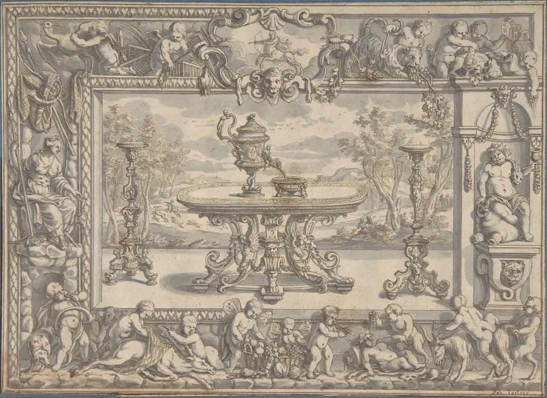 Design For An Ewer Table And Candelabra Within An Ornamental Frame
