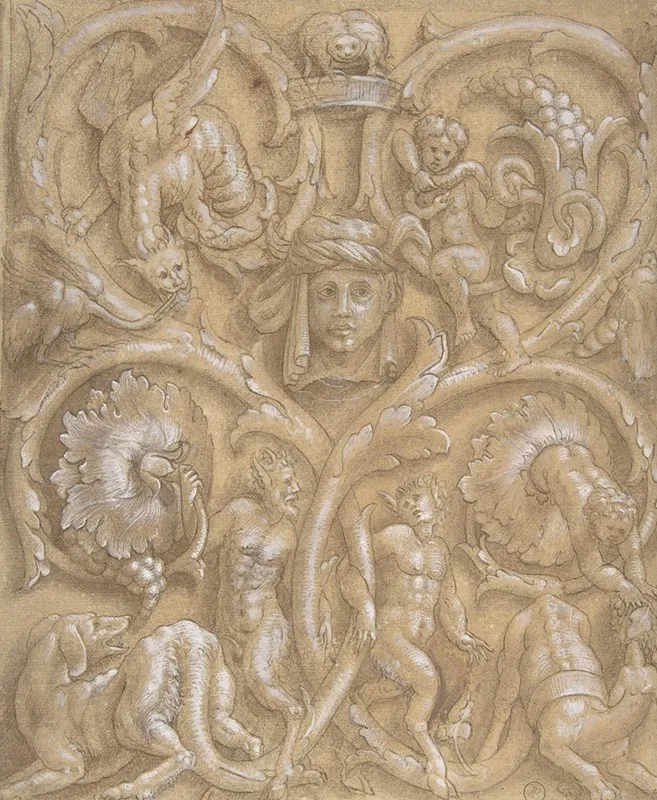 Design For An Ornamental Panel With Rinceaux Satyrs Putti Monsters And A Human Head by Giulio Campi - Canvas Print