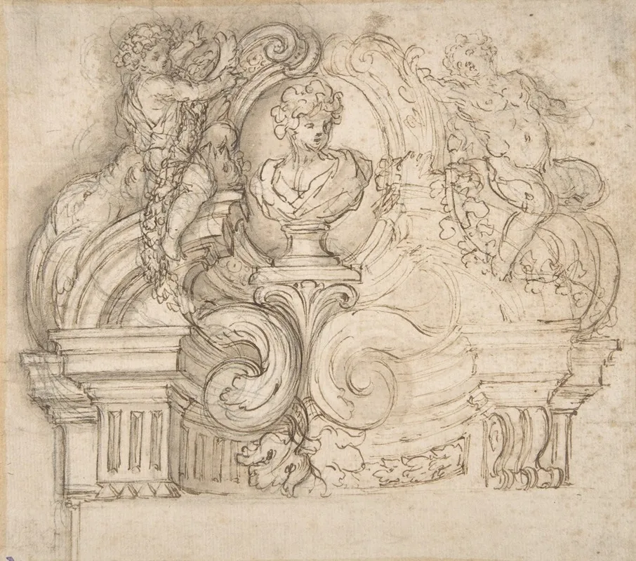 Design For An Overdoor Or The Top Of A Niche With A Bust And Garland Bearing Putti