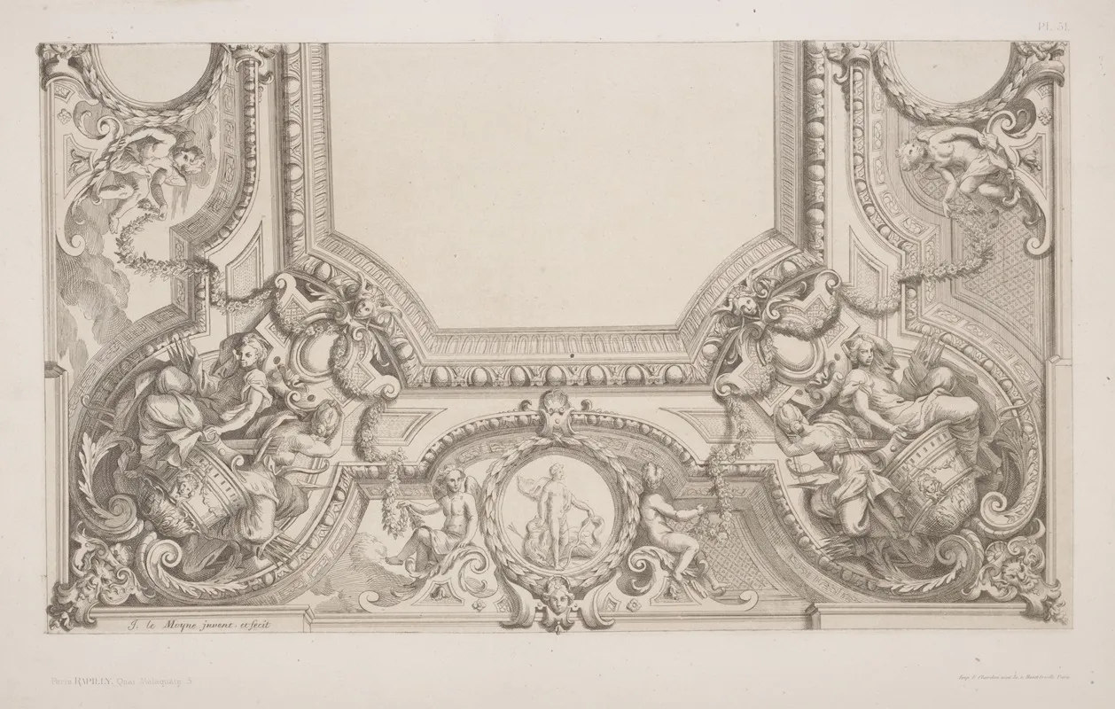 Design For Half A Ceiling Decoration Featuring Allegorical Female Figures At Each Corner by André-Charles Boulle - Canvas Print