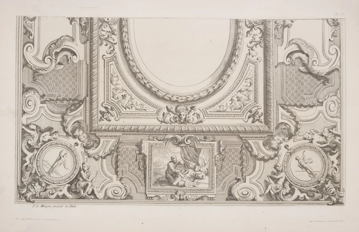 Design For Half A Ceiling Decoration Featuring Panel With Satyr And Sleeping Woman by André-Charles Boulle - Canvas Print