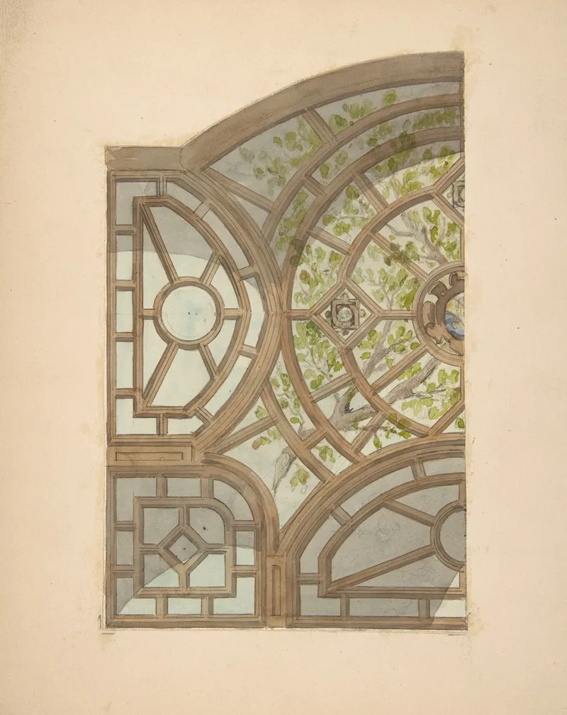 Design For One Section Of A Ceiling Painted With Trees And Lattices
