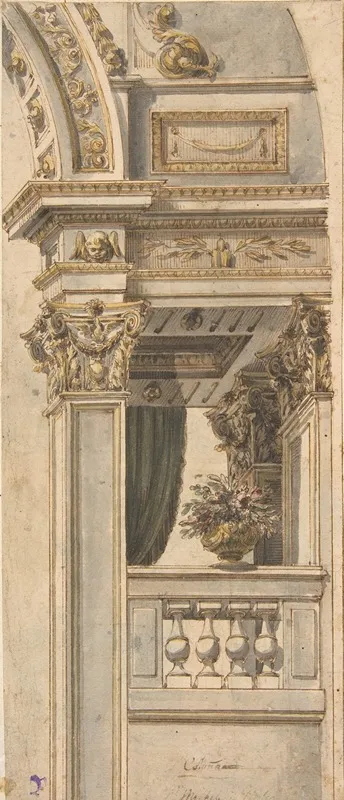 Design For Part Of A Wall Elevation With A Balcony Flanking An Arch by Faustino Trebbi - Canvas Print