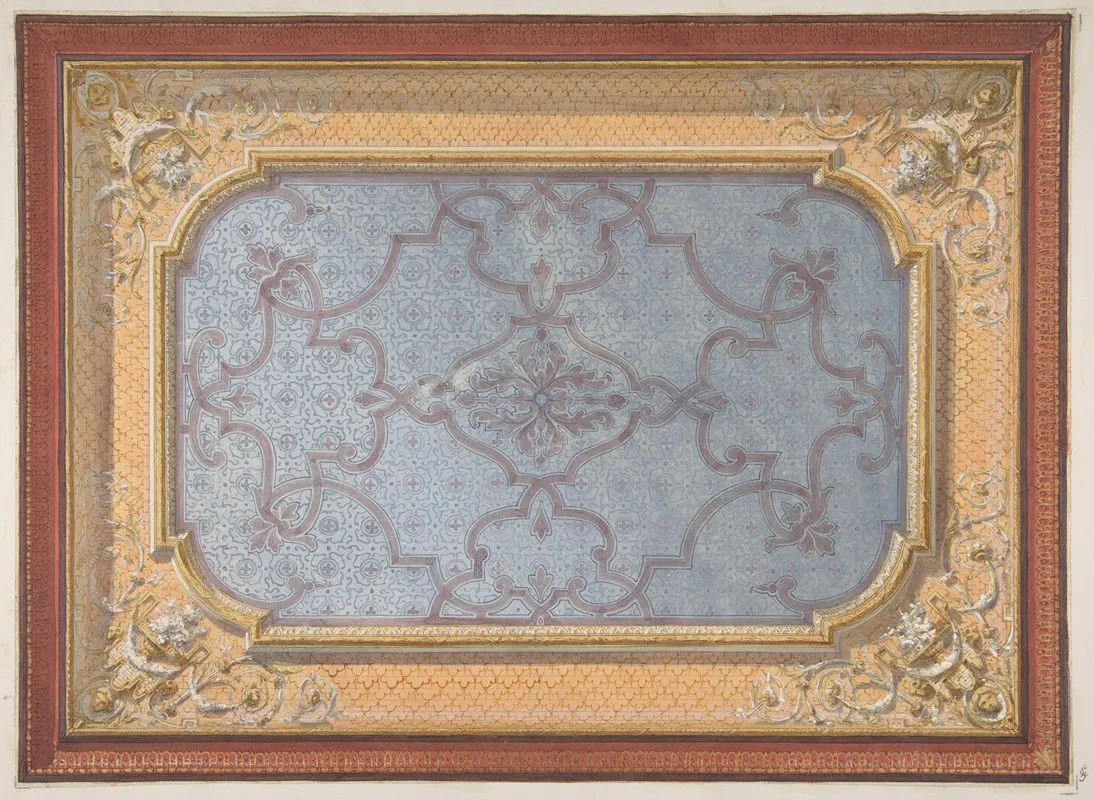 Design For The Decoration Of A Ceiling With Urns Swags And Portrait Medallions In The Four Corners