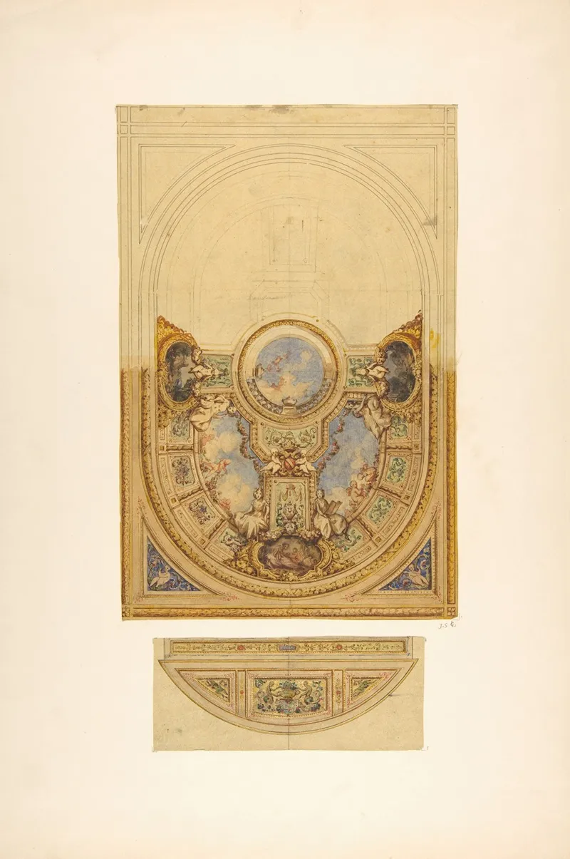 Design For The Decoration Of An Oval Ceiling With Putti And Garlands With A Detail Of A Lunette