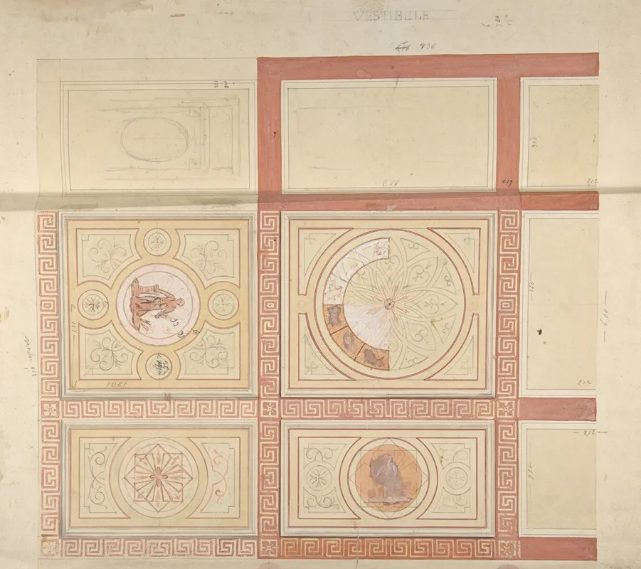 Design For The Decoration Of The Ceiling Of A Vestibule In Painted Panels With Roman Key Borders