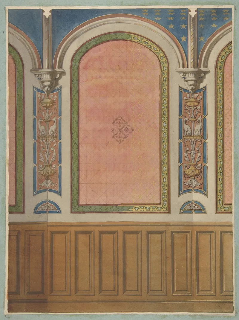 Design For The Decoration Of Wall With Wood Panels And Arched Bays