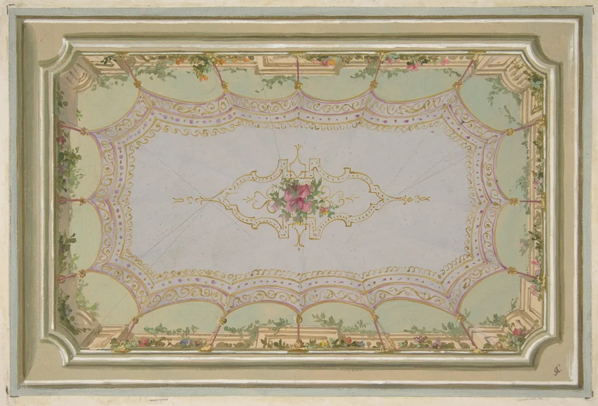 Design For The Painted Decoration Of A Ceiling With A Trompe Loeil Canopy And Roses