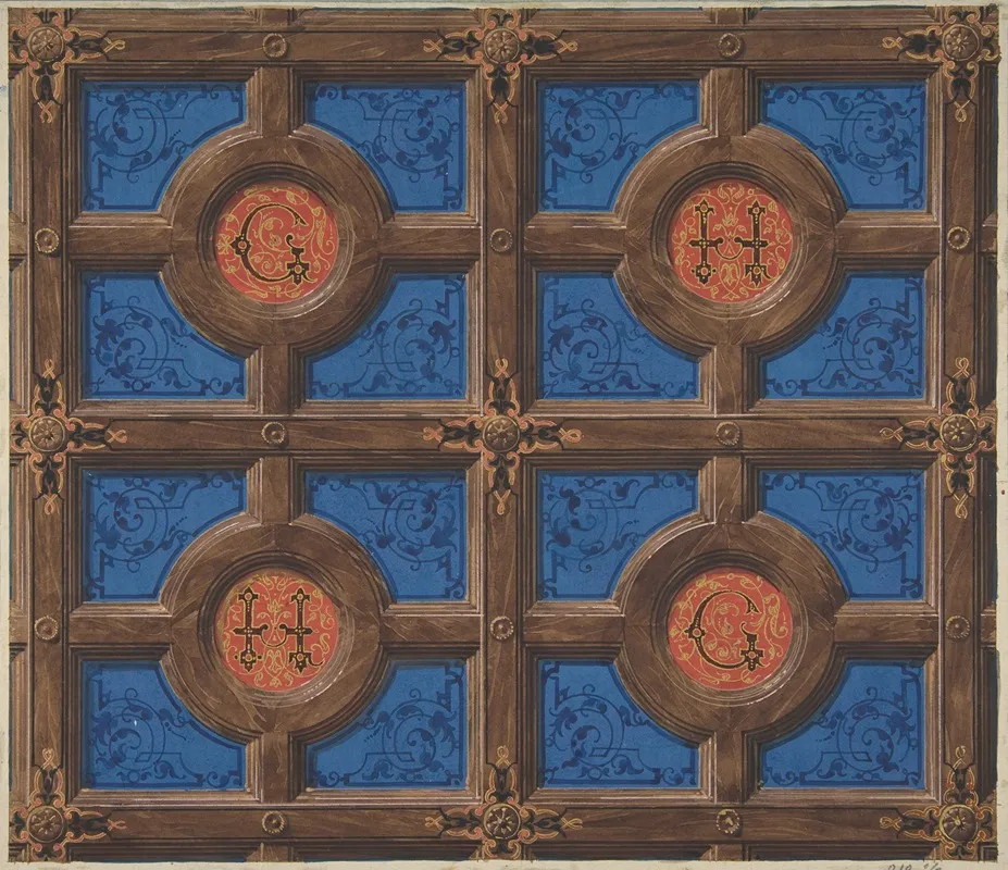 Design For The Painted Decoration Of A Coffered Ceiling Incorporating Initials G And H For A House On The Rue De Clichy