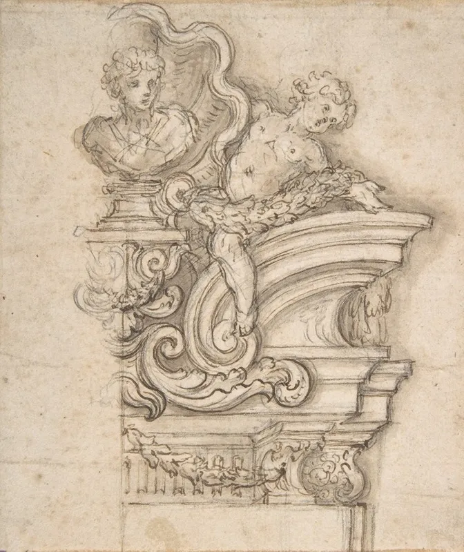 Design For The Right Half Of An Overdoor Decoration With A Bust