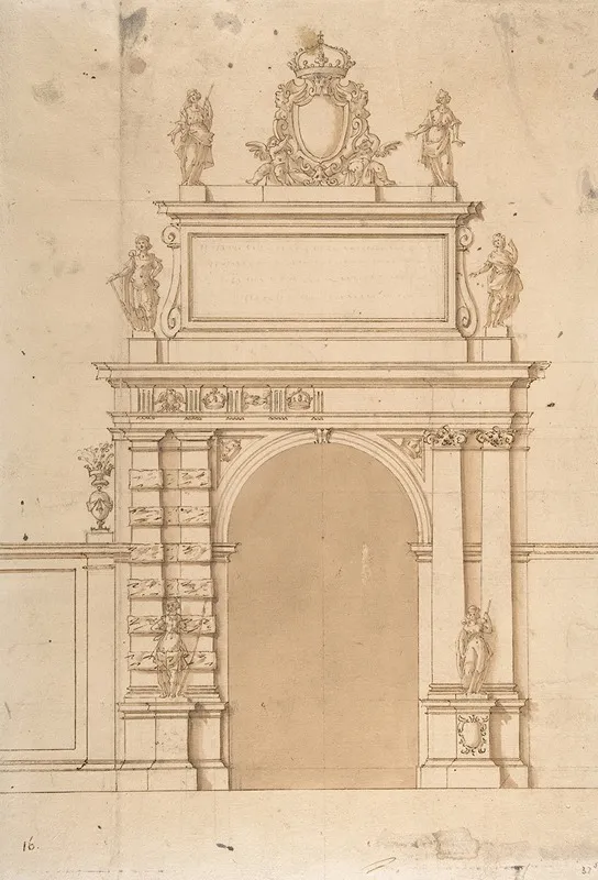Design For The Triumphal Arch At The Porta Ticinese In Milan With The Imperial Arms Of The Hapsburg And Allegorical Figures
