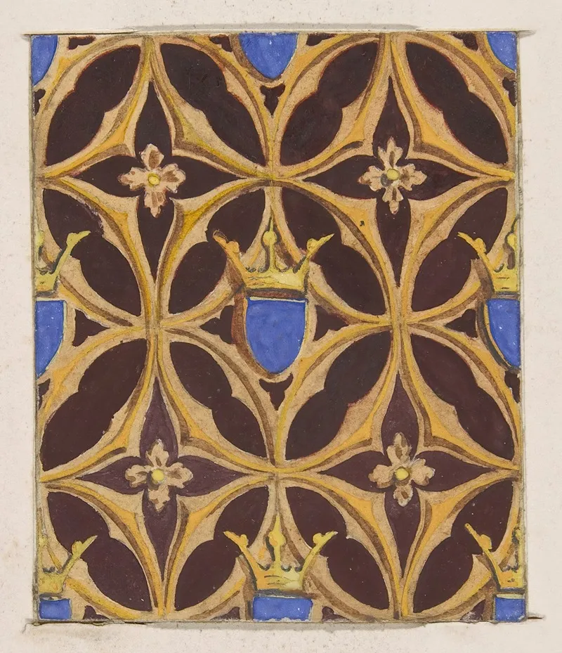 Design For Wallpaper Featuring Blue Shields Surmouted By Crowns