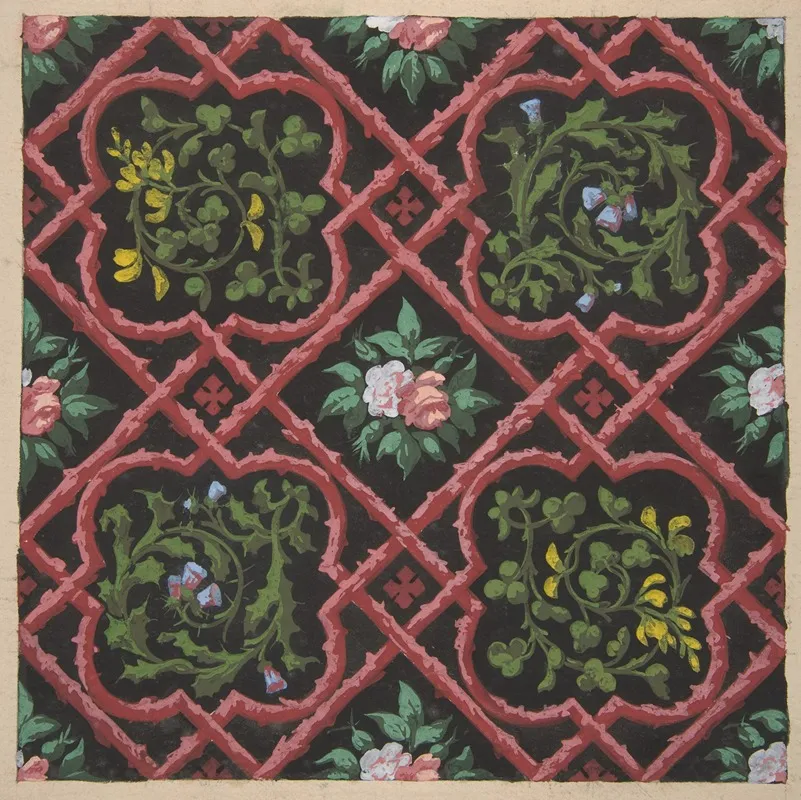 Design For Wallpaper Featuring Flowers And Latticework