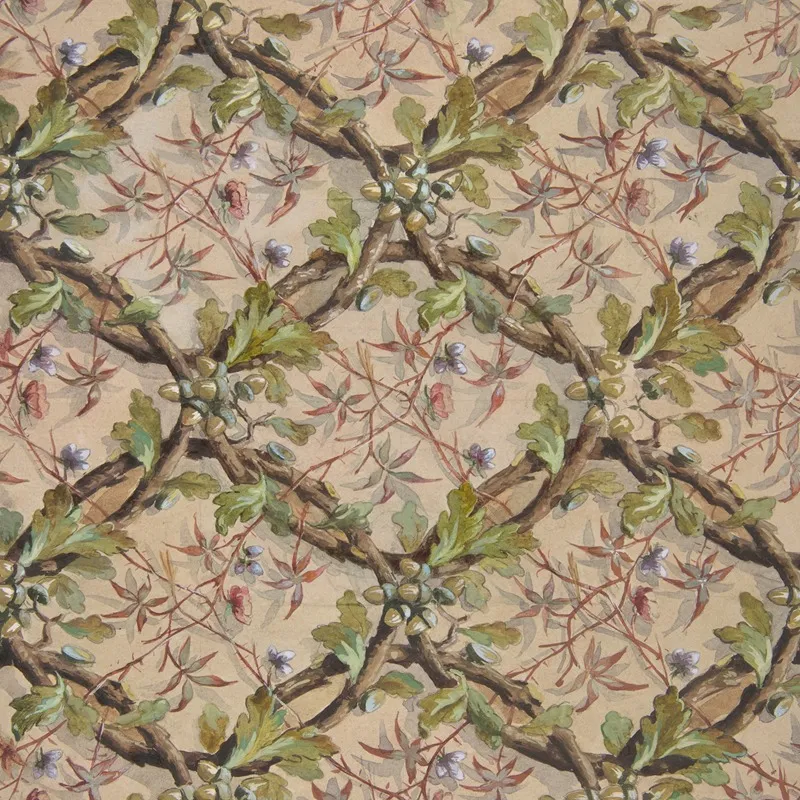 Design For Wallpaper Featuring Oak Leaves Acorns And Intertwined Twigs