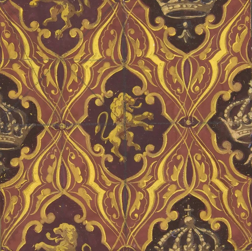 Design For Wallpaper Featuring Rampant Lions And Crowns