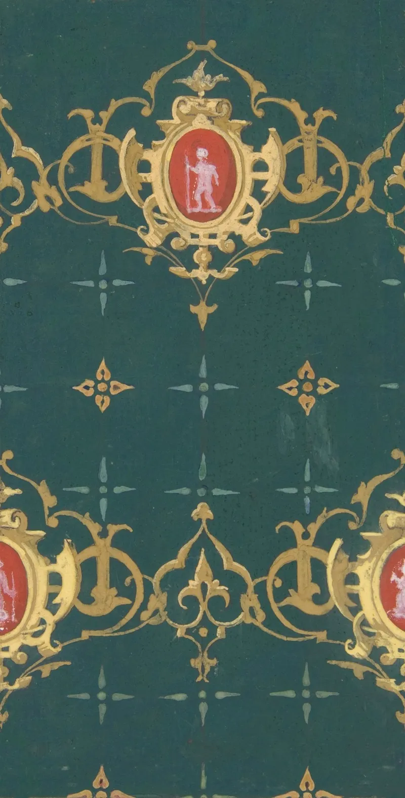 Design For Wallpaper Featuring Rinceaux And Carouches Framing Figures