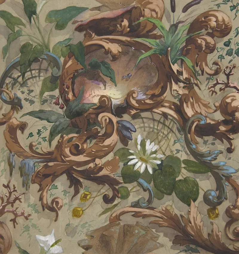 Design For Wallpaper Featuring Shells Waterlilies And Cattails