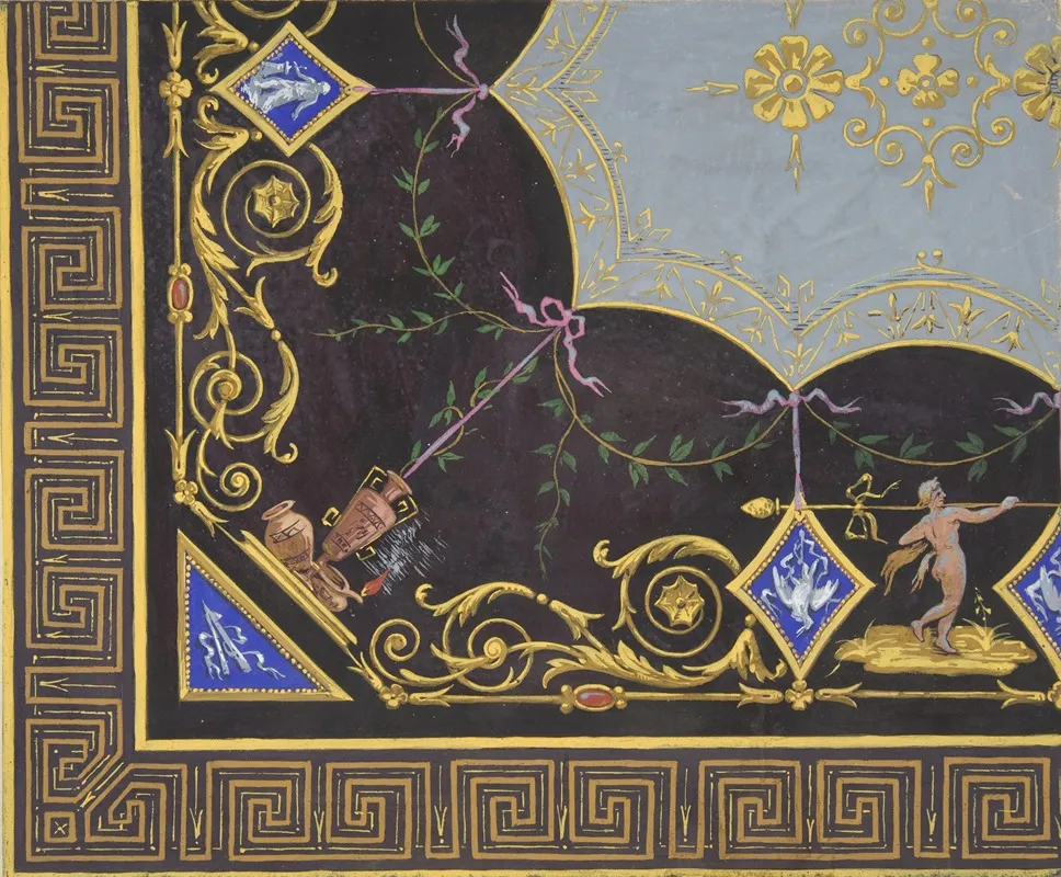 Design For Wallpaper With Roman Key Border Rinceaux And Medallions