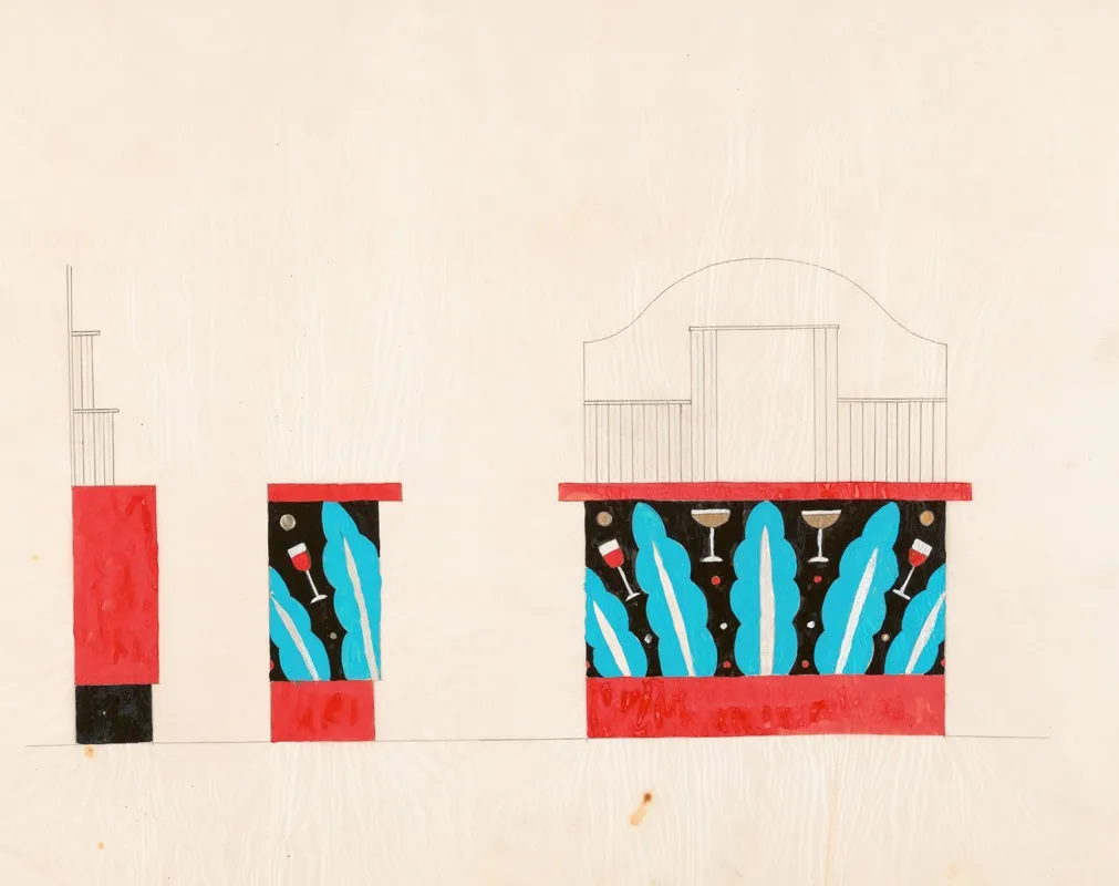 Designs For Unidentified Restaurant Or Bar Interiors Color Study Of Bar Showing Elevations With Turquoise And Vermillion Decorations With Tropical Theme No 1
