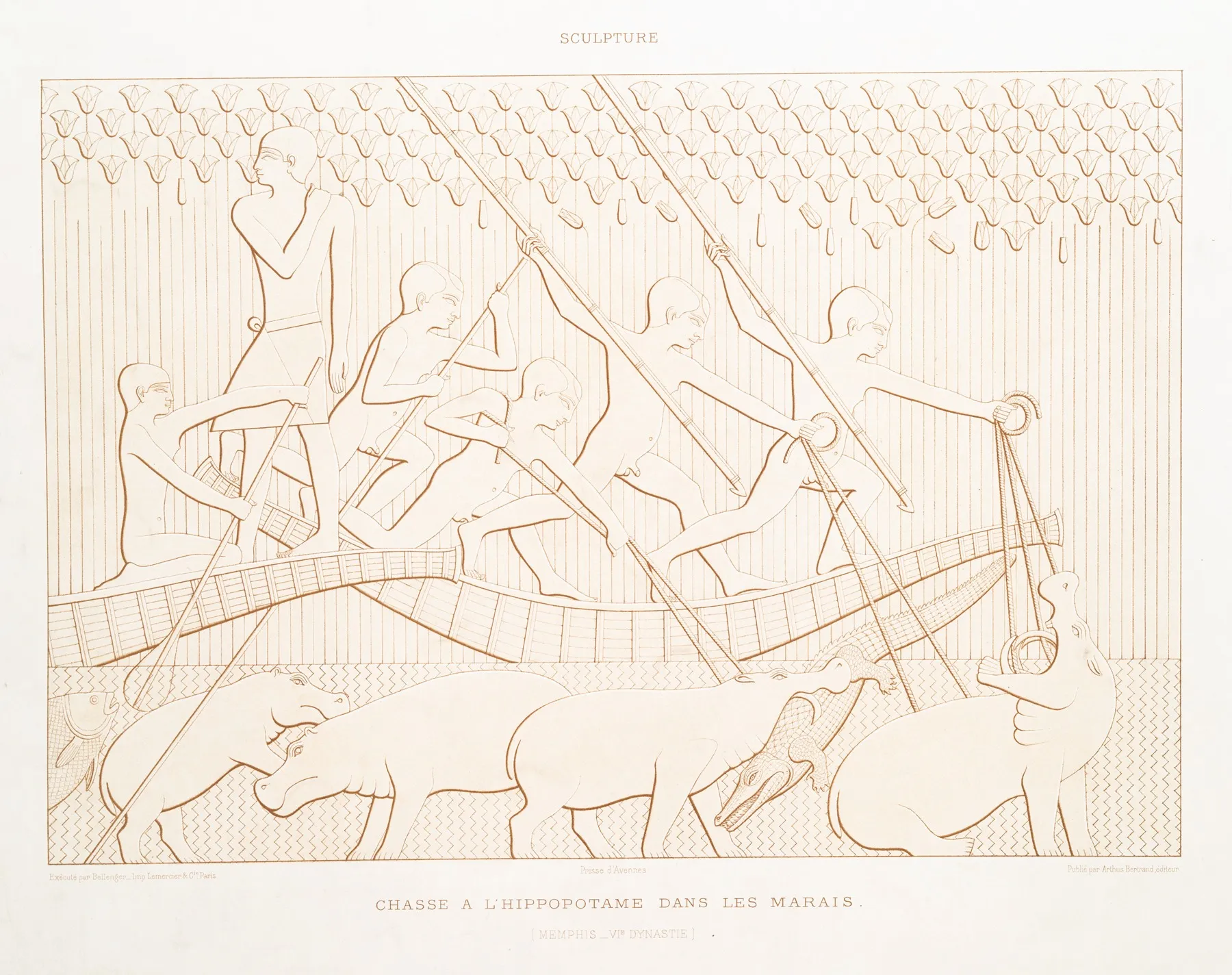 Dessin Chasse A Hippopotame Dans Les Marais Memphis Vie Dynastie by Émile Prisse d'Avennes - Canvas Print
