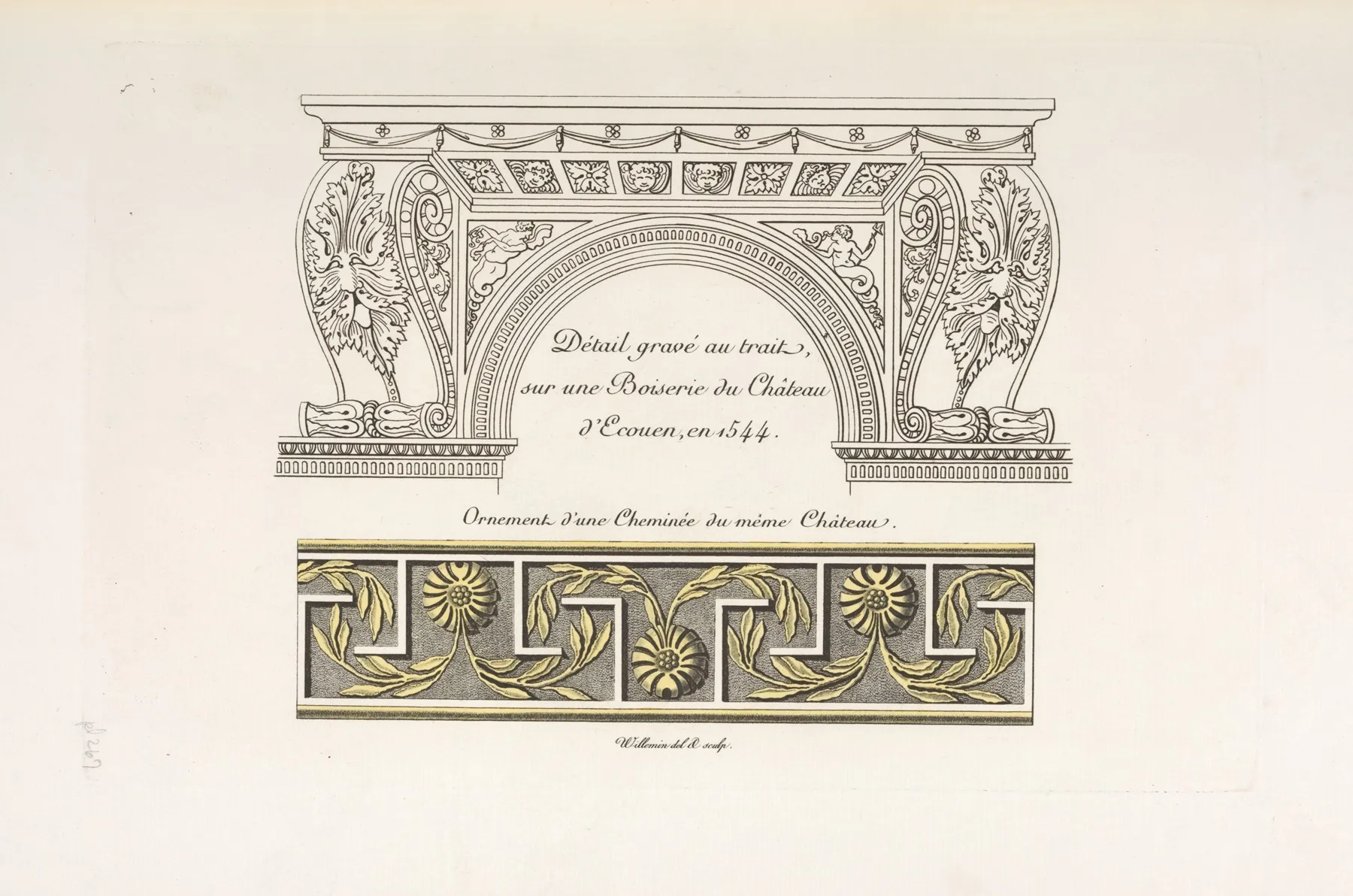 Detail Grave Ai Trait Sur Une Boiserie Du Chateau Decouen En 1544 Ornement Dune Cheminee Du Meme Chateau
