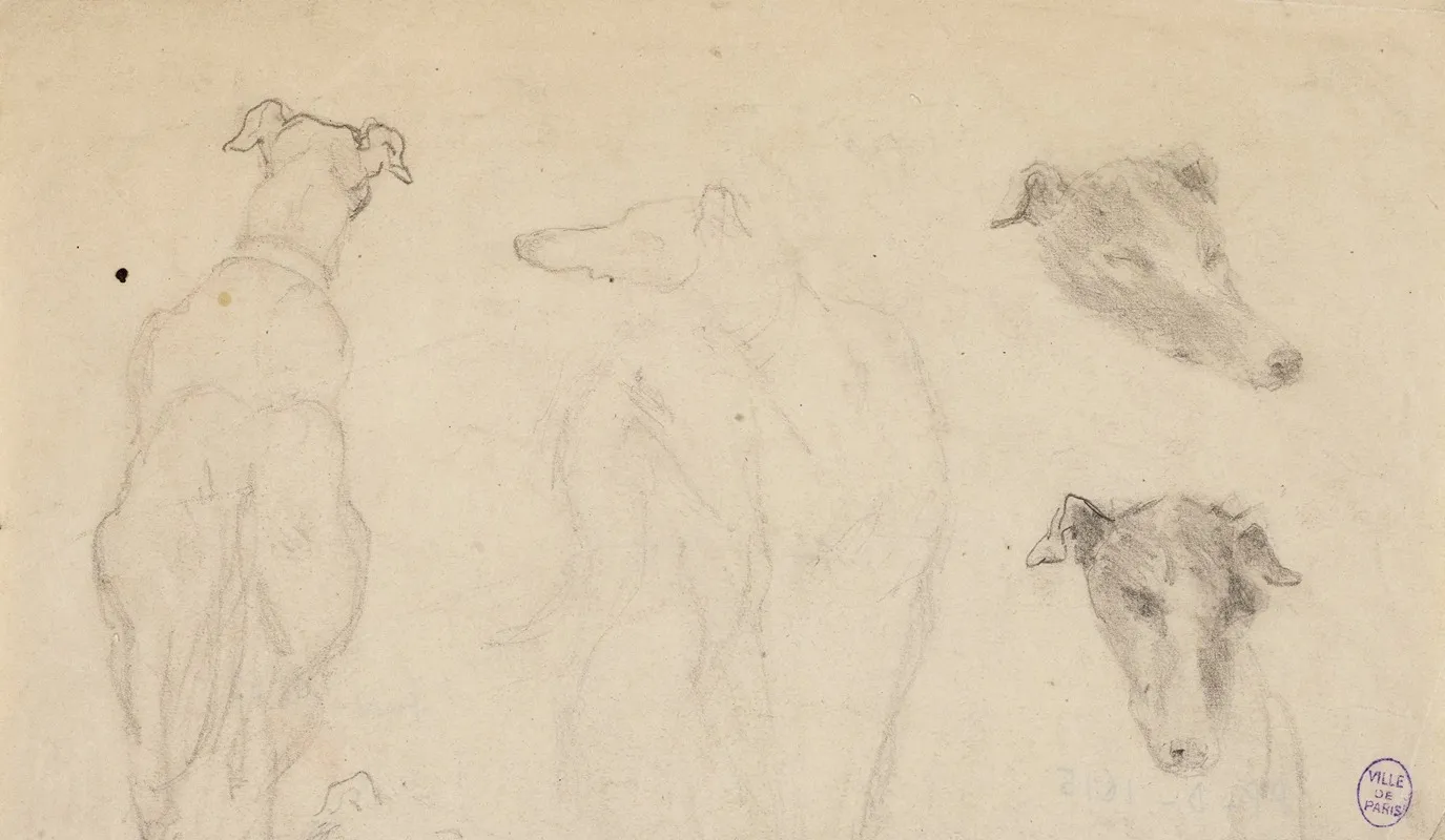 Deux Esquisses De Chiens Et Deux Croquis De Tete De Chien