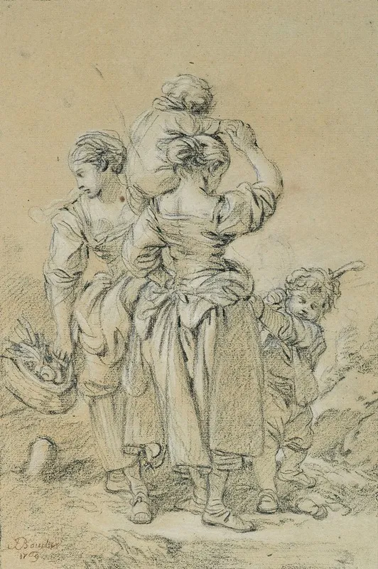 Deux Femmes Et Deux Enfants by François Boucher - Canvas Print