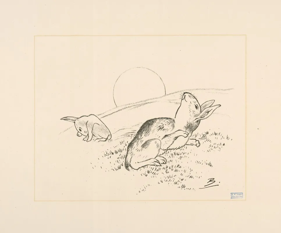 Deux Lapins La Lune Derriere Colline