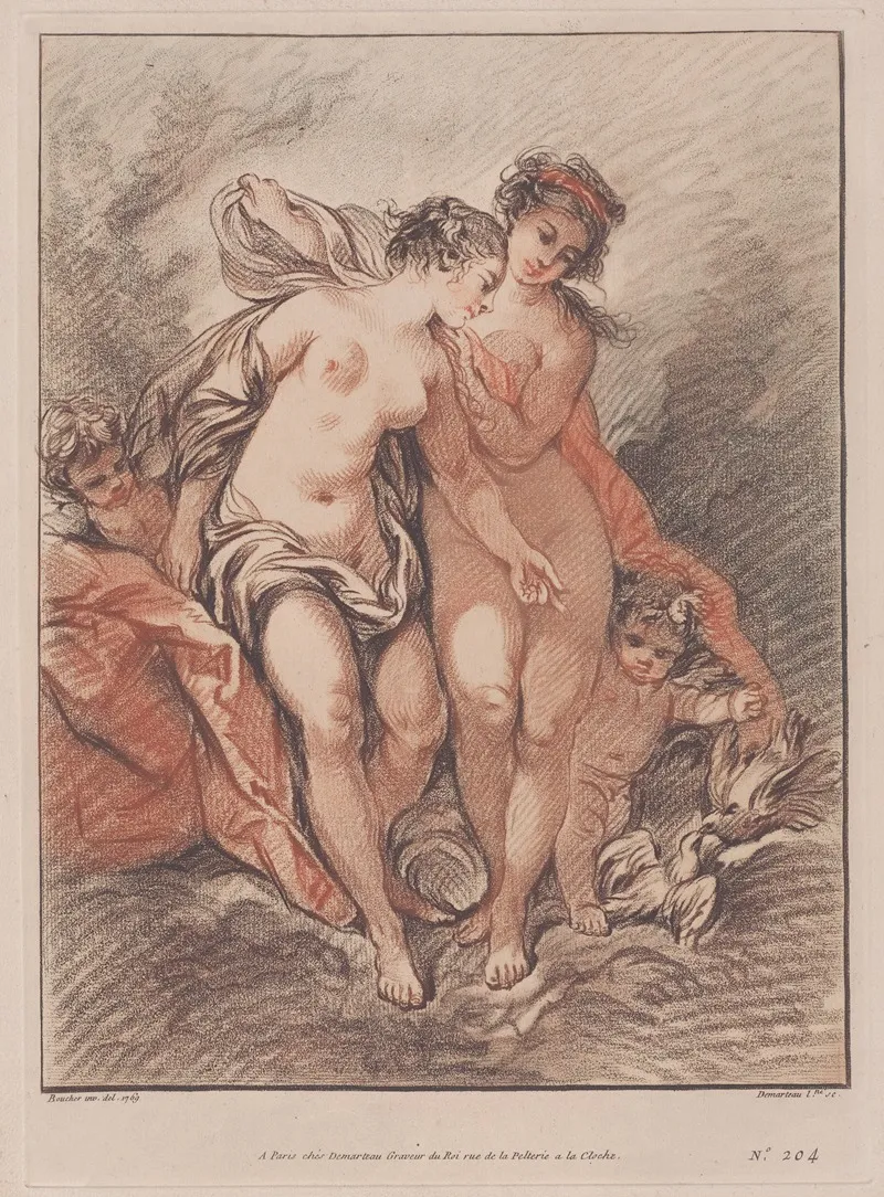 Deux Nymphes Et Deux Amours Regardant Des Colombes Two Nymphs And Loves Watching Two Doves by Gilles Demarteau the Elder - Canvas Print