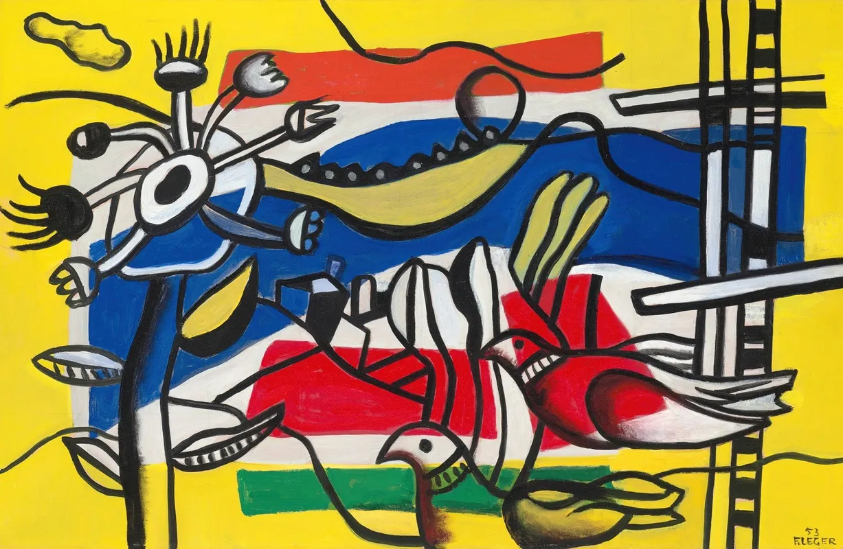 Deux Oiseaux Et Une Fleur by Fernand Léger - Canvas Print