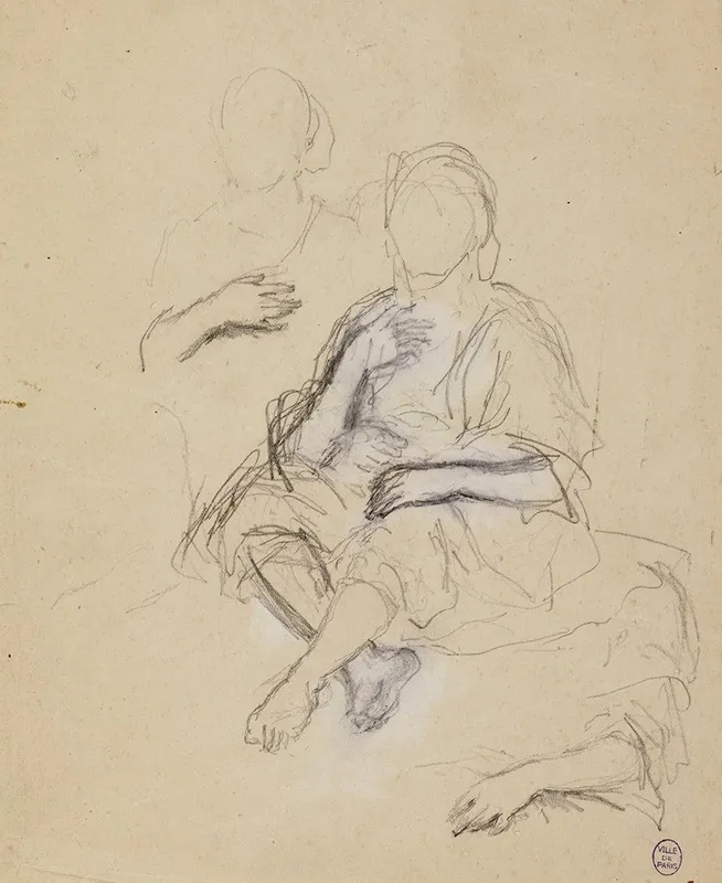 Deux Personnages Drapes Assis De Face Et Etude De Bras by Narcisse-Virgile Diaz de La Peña - Canvas Print