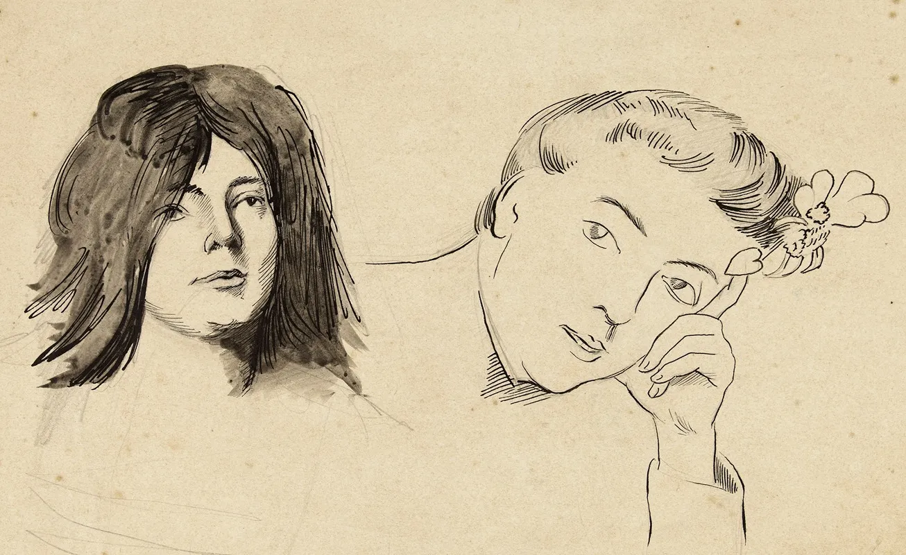 Deux Tetes De Femme Lune Aux Cheveux Longs Lautre Appuyee Dans Sa Main Gauche
