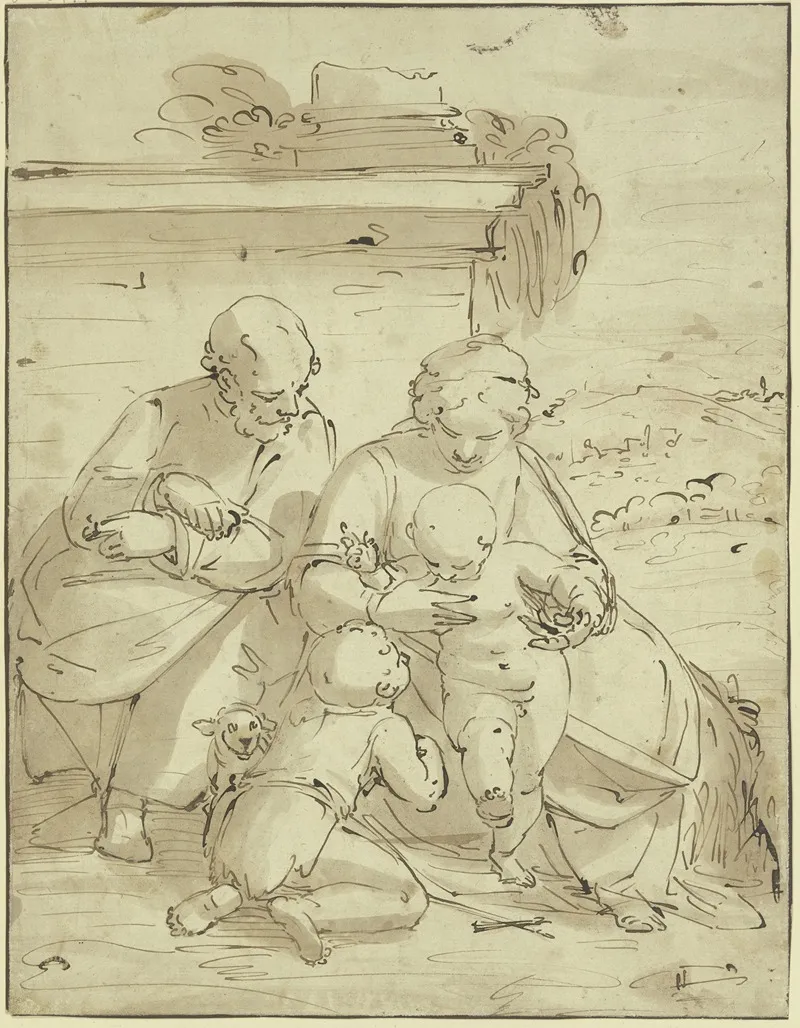 Die Heilige Familie Mit Dem Johannesknaben Vor Einer Mauer Mit Saulenfus