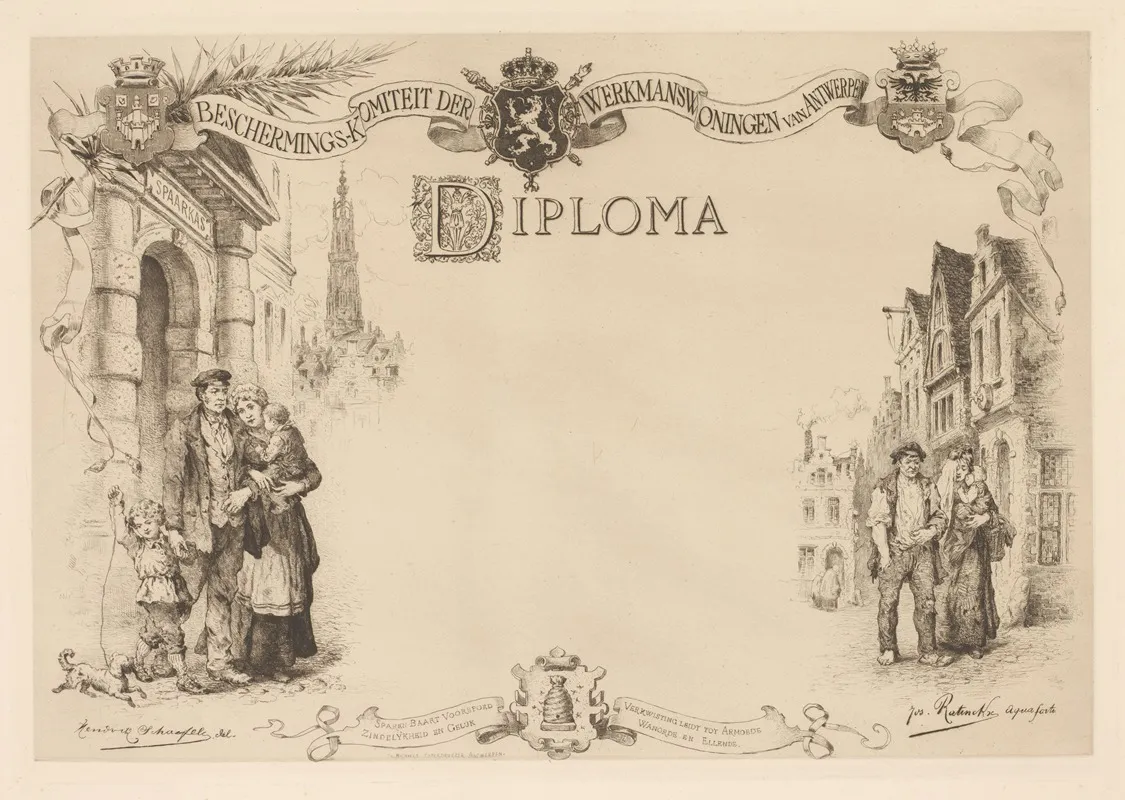 Diploma With A Family On The Street To The Left And Right by Jos Ratinckx - Canvas Print