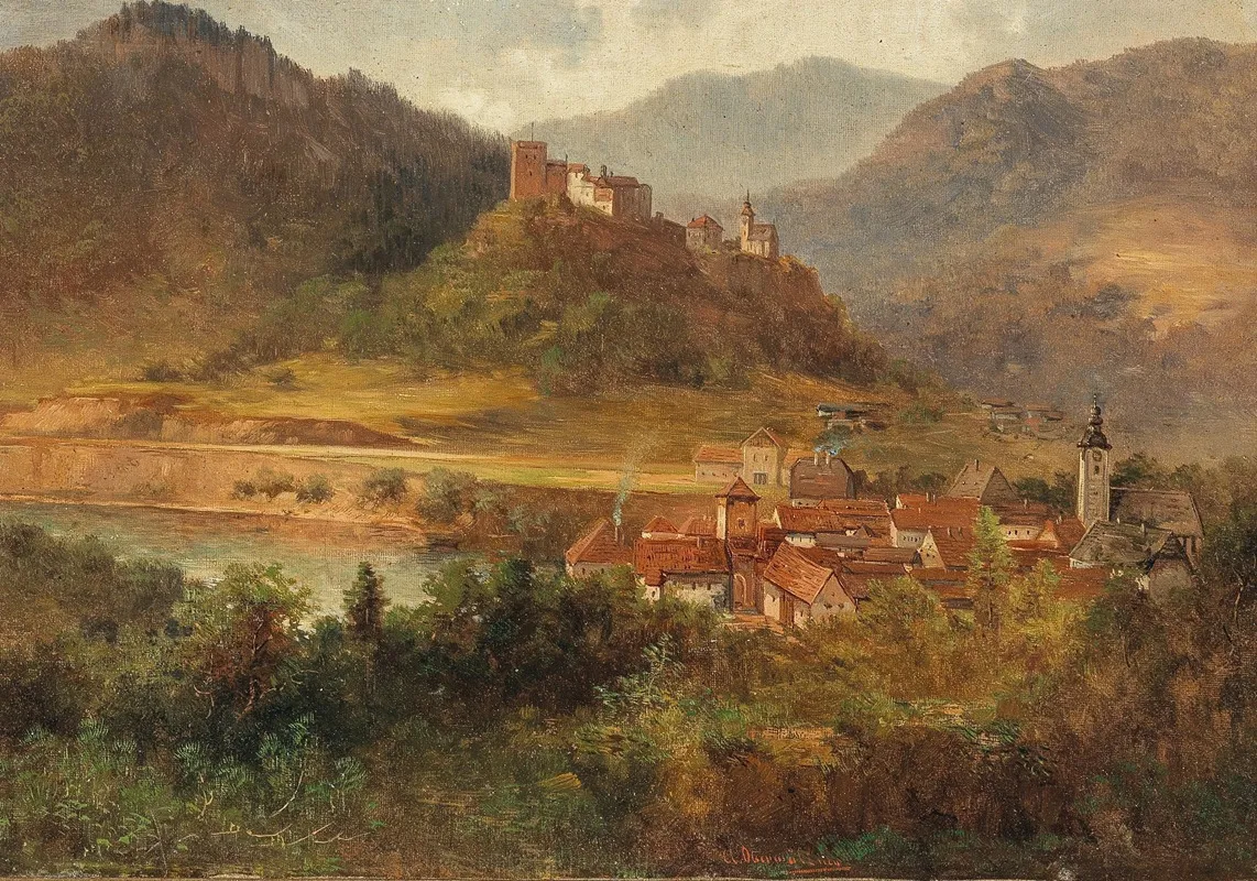 Dorf Mit Fluss Und Burg by Adolf Obermüllner - Canvas Print