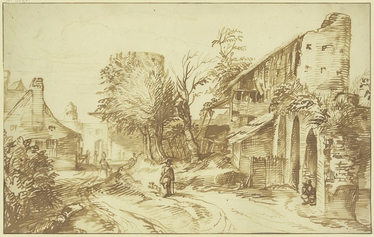 Dorfansicht Rechts Eine Alte Stadtmauer
