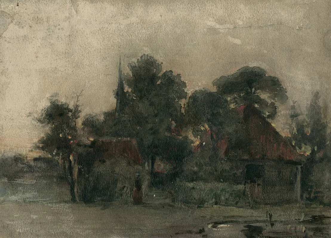 Dorpsgezicht Bij Avond by Adolf le Comte - Canvas Print