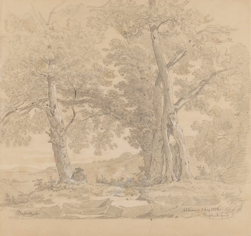 Draughtsman Among Trees By Lake Albano