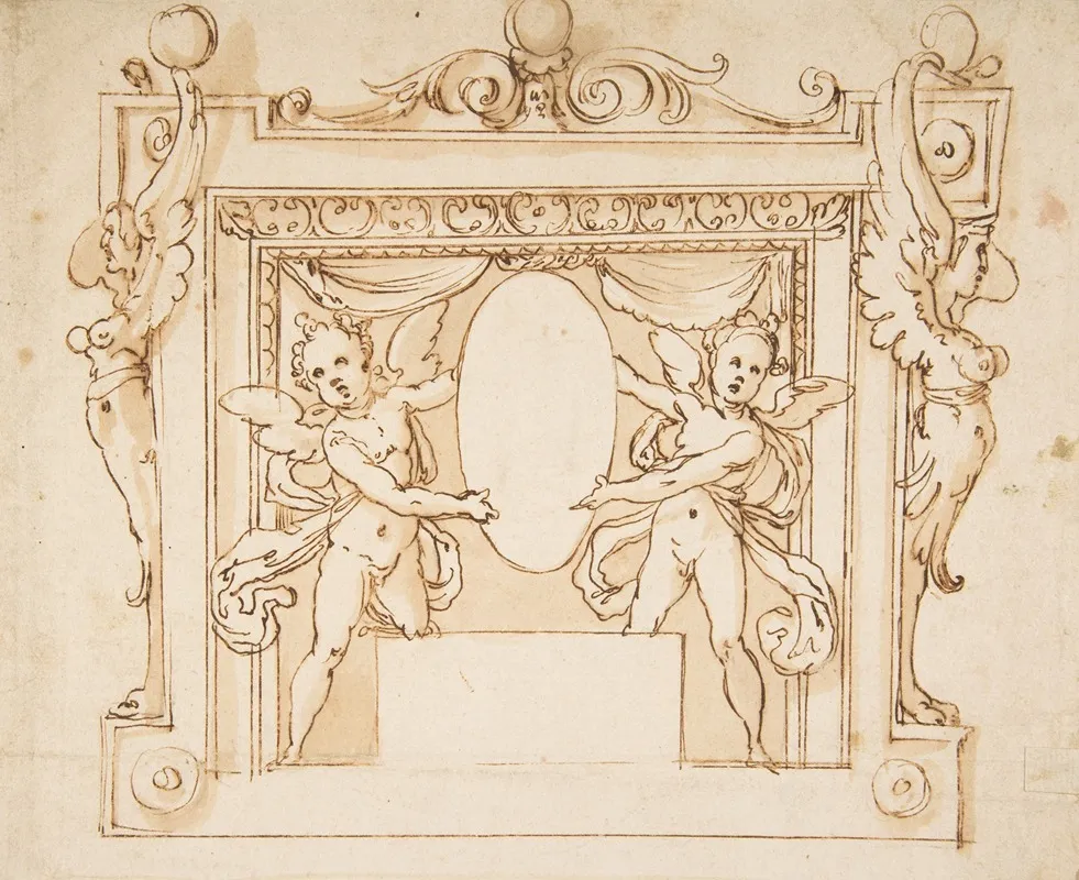 Drawing For A Memorial Tablet Two Winged Children Holding An Empty Oval In A Frame With Gryphons