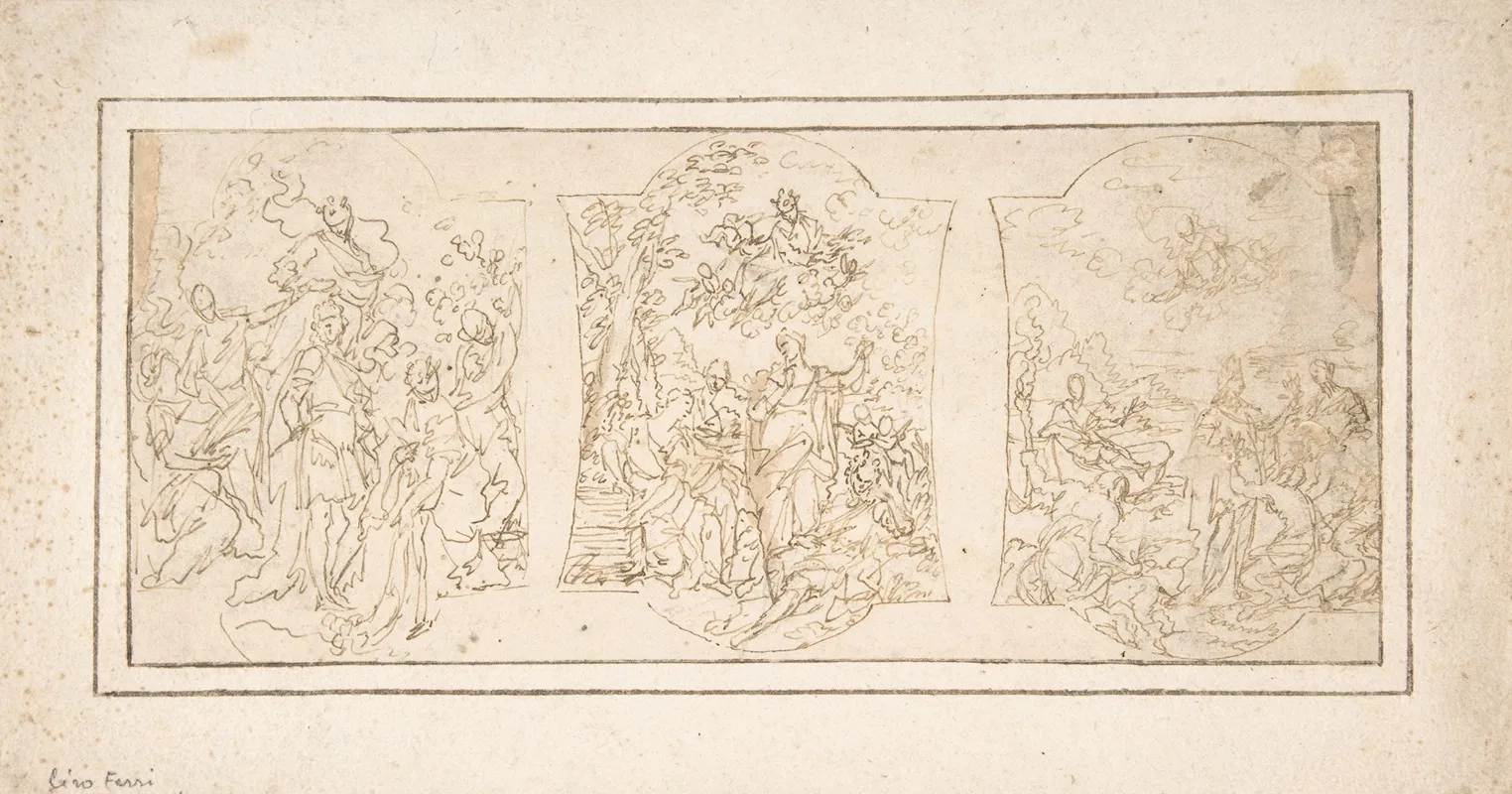 Drawing For Ceiling Decoration Consisting Of Three Panels Each Showing A Different Scene With Figures