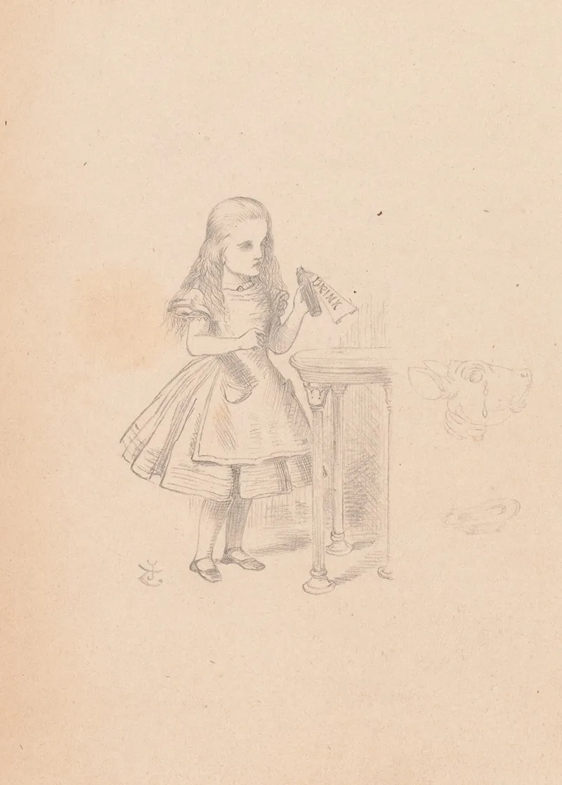 Drawing Of Alice Finds A Bottle Labelled Drink Me